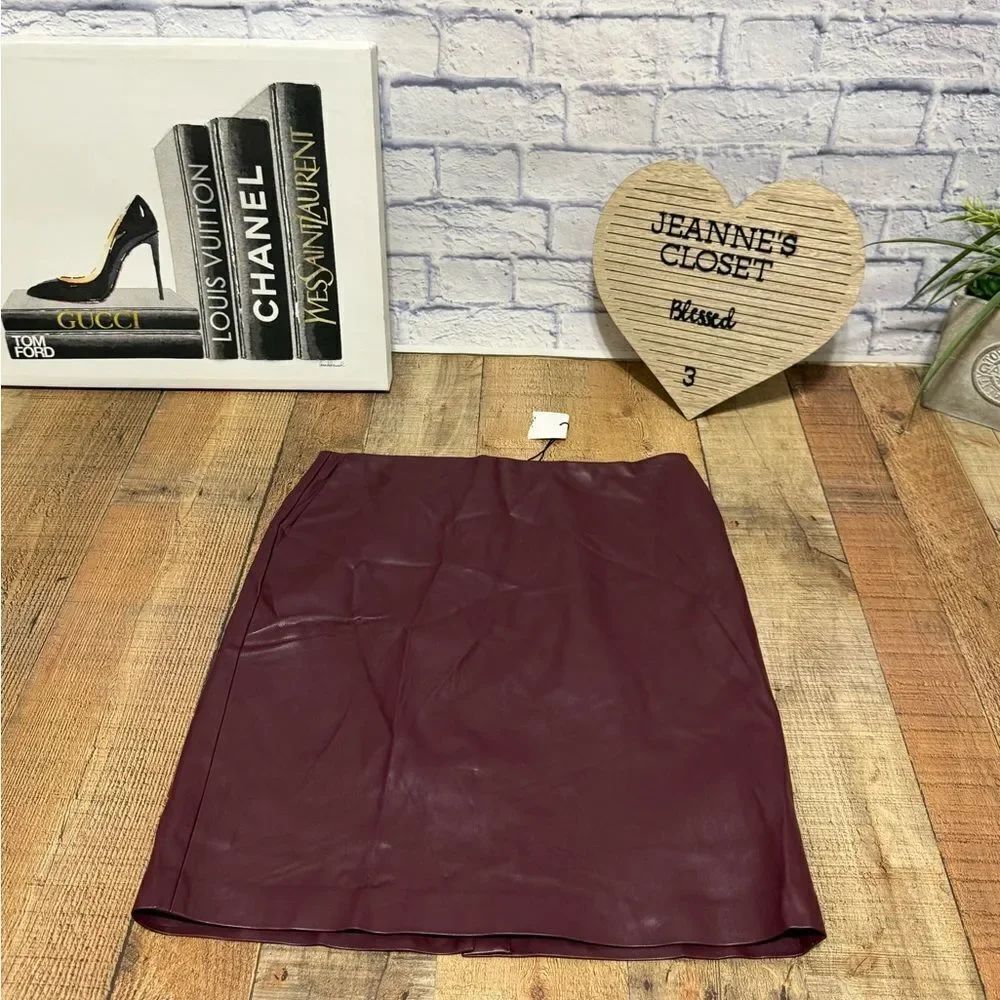 THEORY Women Faux Leather clean pencil Skirt bedford NWT burgundy size 12 - Picture 6 of 15